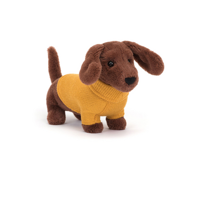 JELLYCAT CHOCOLATE SAUSAGE DOG WITH YELLOW SWEATER. MULVEYS.IE