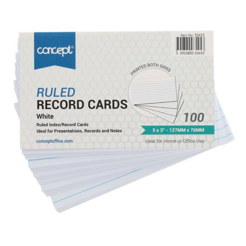 Pkt.100 5"x3" Ruled Record Cards - White