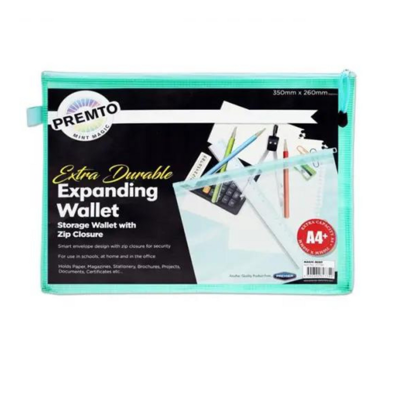 Premto Pastel A4+ Extra Durable Expanding Mesh Wallet - Mint Magic