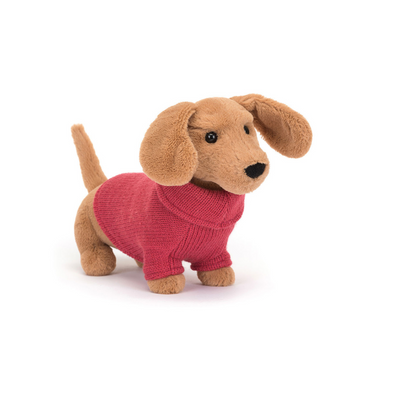 JELLYCAT PINK SWEATER SAUSAGE DOG TAN. MULVEYS.IE