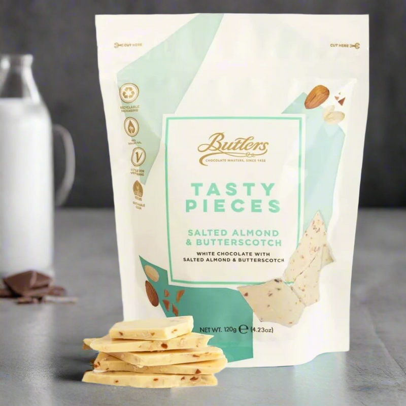 Butlers Tasty Pieces White Chocolate Salted Almond and Butterscotch Bark Pieces 120 g. Mulveys.ie