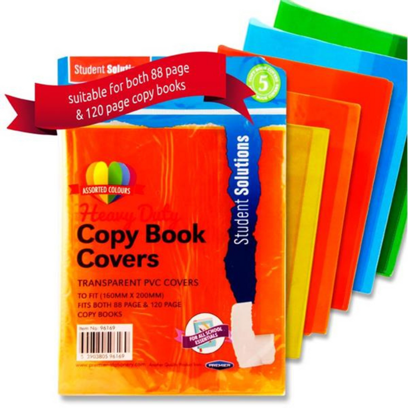 Student Solutions * Pkt.5 Pvc Heavy Duty Copy Book Covers - 5 Asst Transparent Colours mulveys.ie nationwide shipping