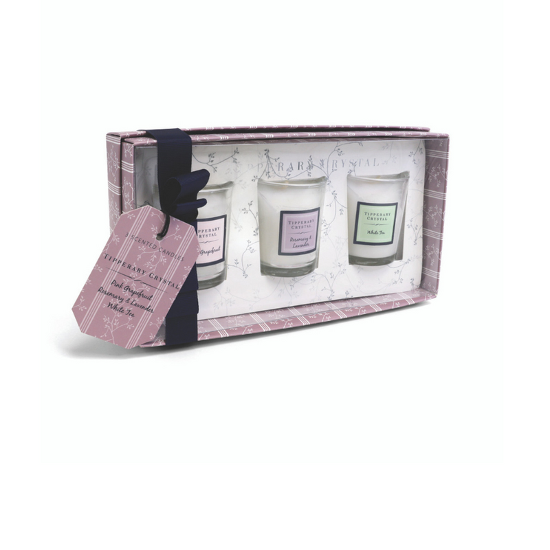 TIPPERARY CRYSTAL Set Three Mini Candles (Pink Grapefruit/Rosemary/White Tea) mulveys.ie nationwide shipping