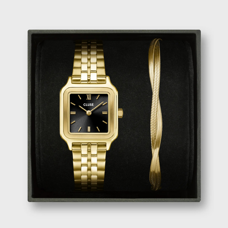 Gift Box Gracieuse Petite Watch Steel, Black & Twisted Snake Bracelet, Gold Colour