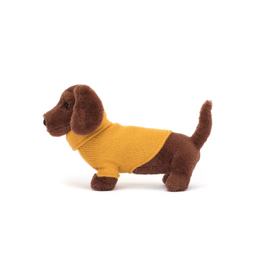 CHOCOLATE SAUSAGE DOG WITH YELLOW SWEATER. Mulveys.ie