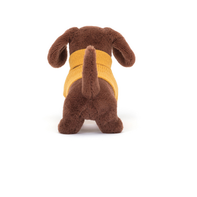 CHOCOLATE SAUSAGE DOG WITH YELLOW SWEATER Mulveys.ie